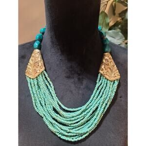 Women's Multilayer Turquoise Beaded Necklace With Golden Cone Caps And Hook Lock
